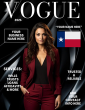 Load image into Gallery viewer, (TEXAS NOTARIES) Get 10 editable MAGAZINE THEMED COVER FLYERS- edit in canva (AND) Get a FREE notary business spreadsheet
