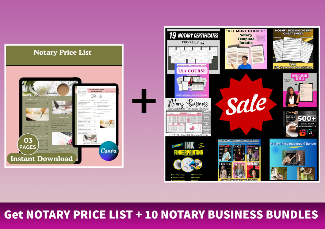 (TODAY ONLY SALE) Notary Price List Template & 10 NOTARY BUSINESS BUNDLES